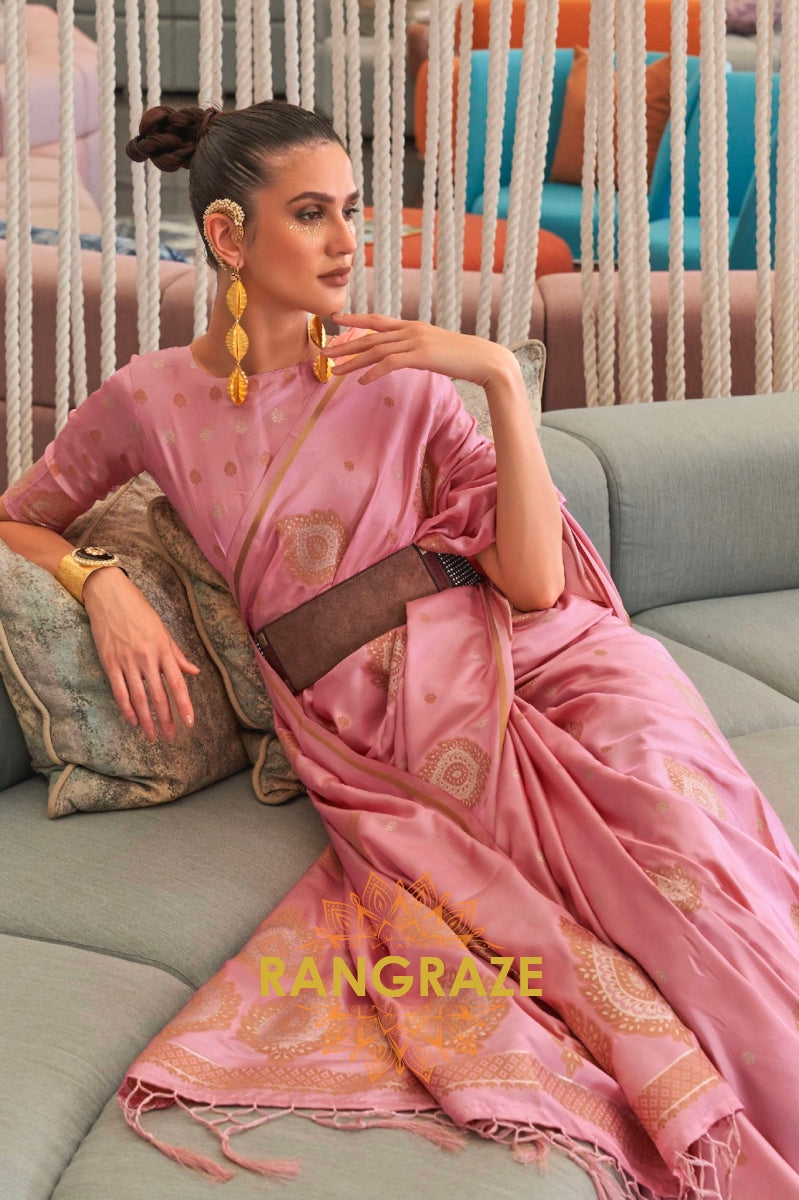 Crystal Pink Bronze Zari Woven Satin Silk Saree