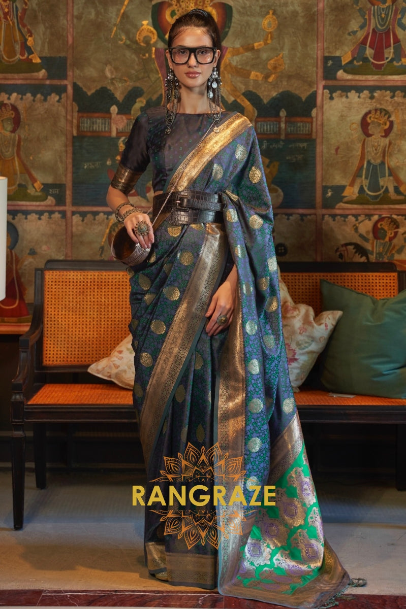 Divine Onyx Black Woven Banarasi Satin Silk Saree