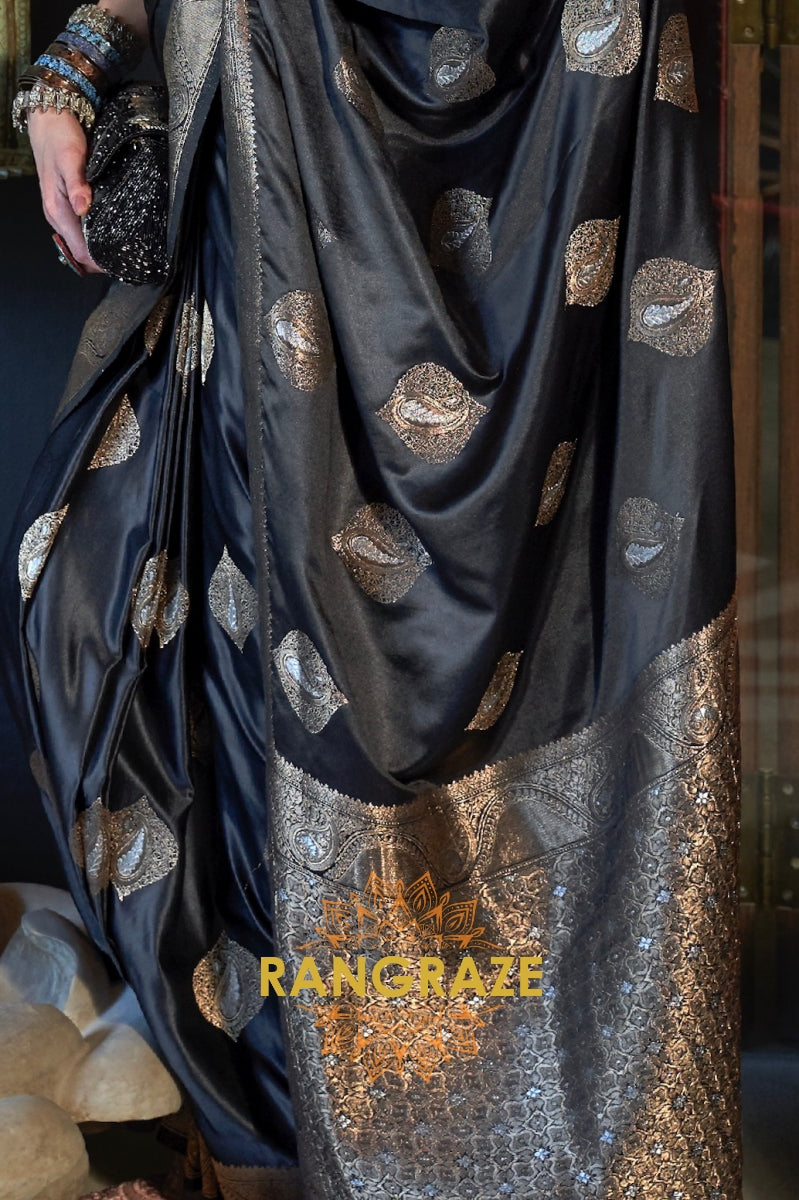 Roman Black Banarasi Woven Satin Silk Saree