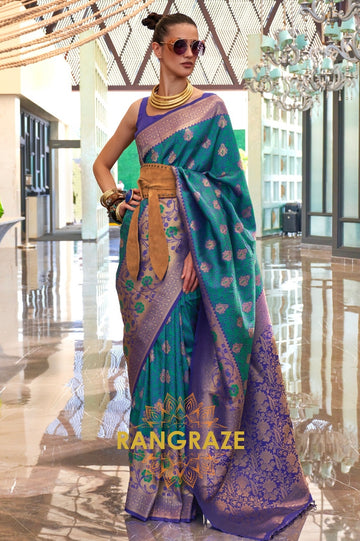 Contrasting Turquoise Blue Woven Banarasi Brocade Silk Saree