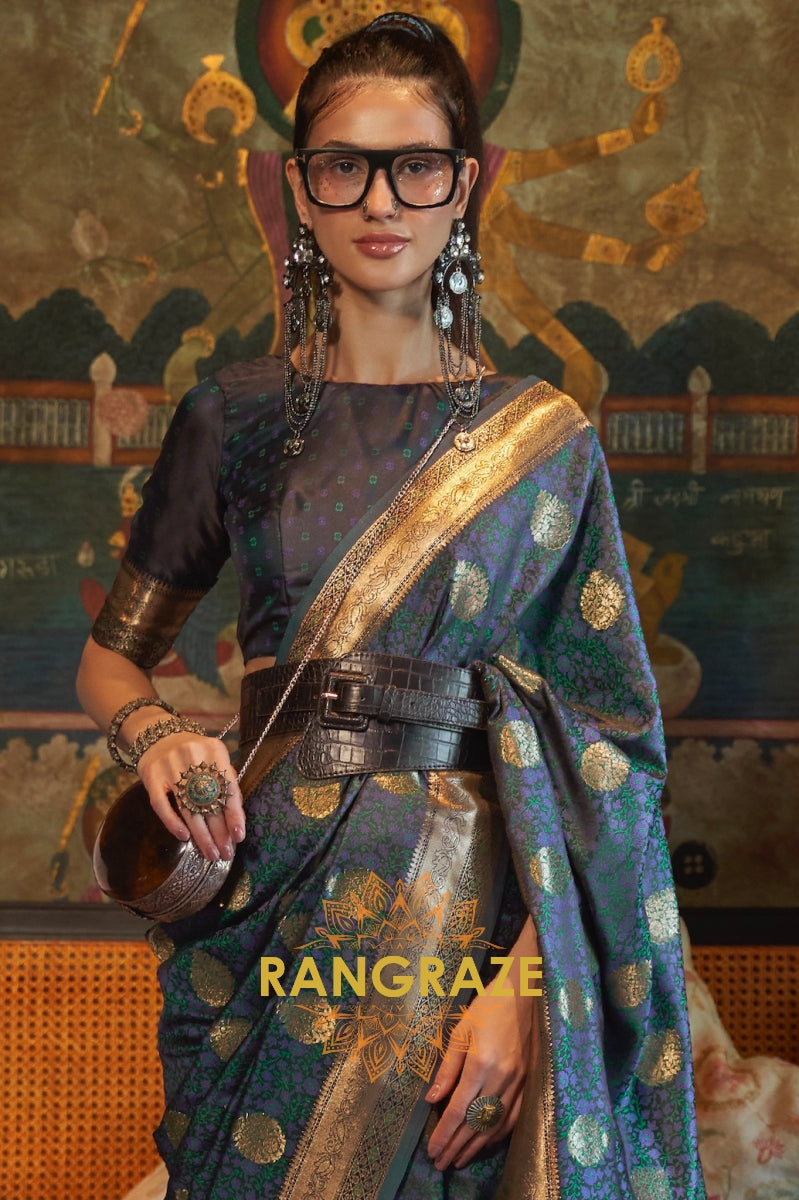 Divine Onyx Black Woven Banarasi Satin Silk Saree