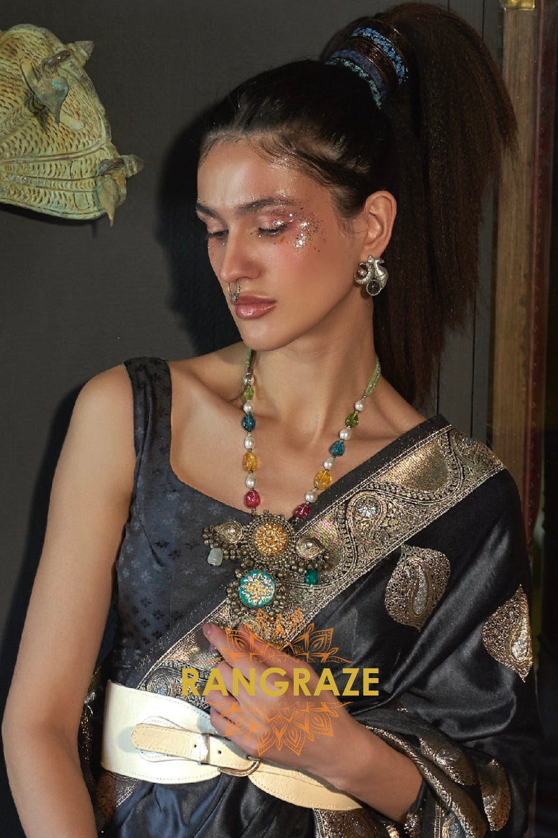 Roman Black Banarasi Woven Satin Silk Saree