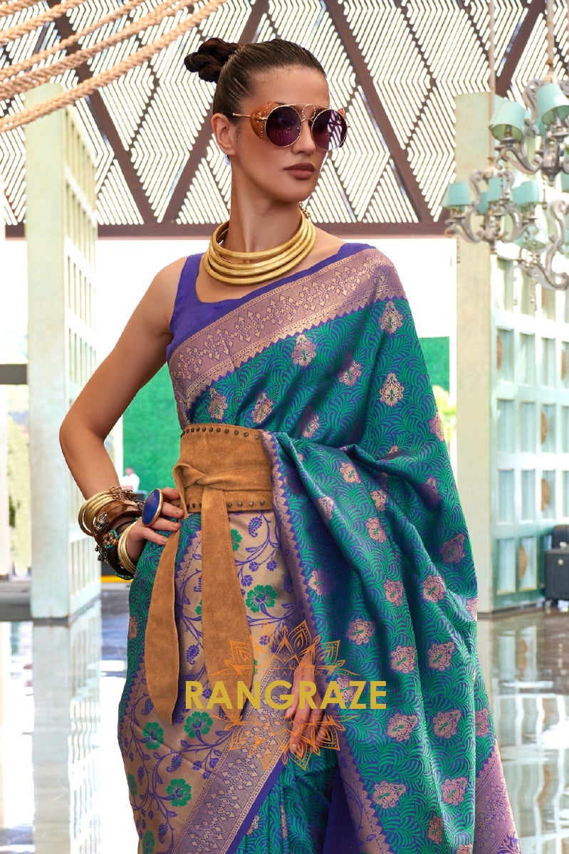 Contrasting Turquoise Blue Woven Banarasi Brocade Silk Saree