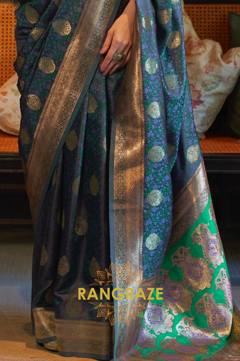 Divine Onyx Black Woven Banarasi Satin Silk Saree