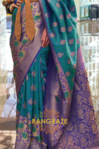 Contrasting Turquoise Blue Woven Banarasi Brocade Silk Saree