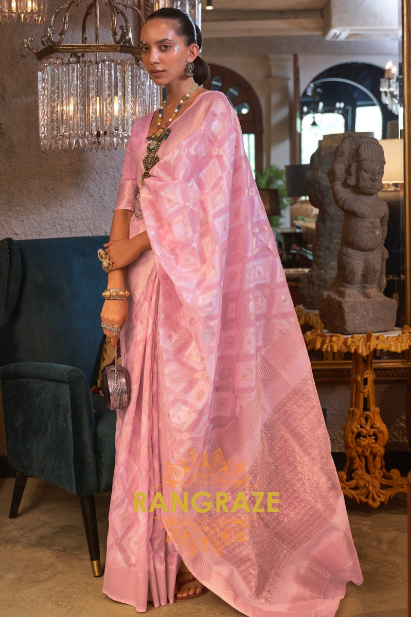 Baby Pink Woven Banarasi Linen Silk Saree