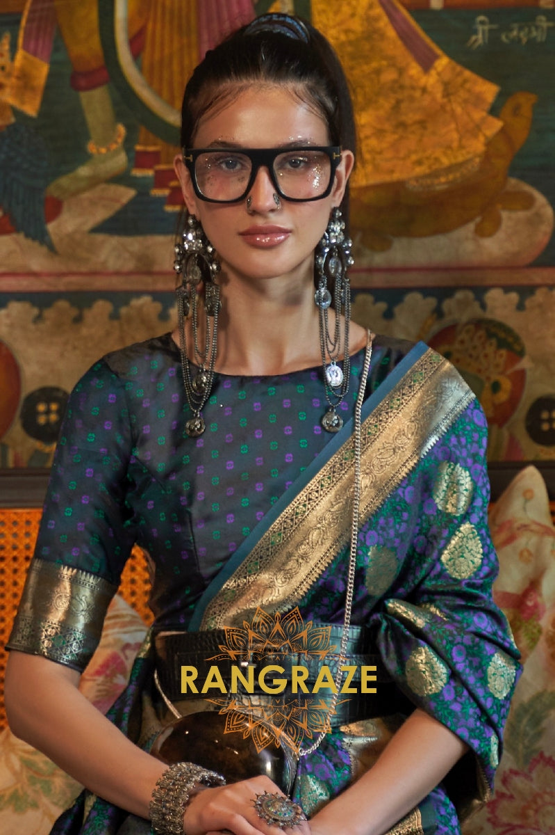 Divine Onyx Black Woven Banarasi Satin Silk Saree