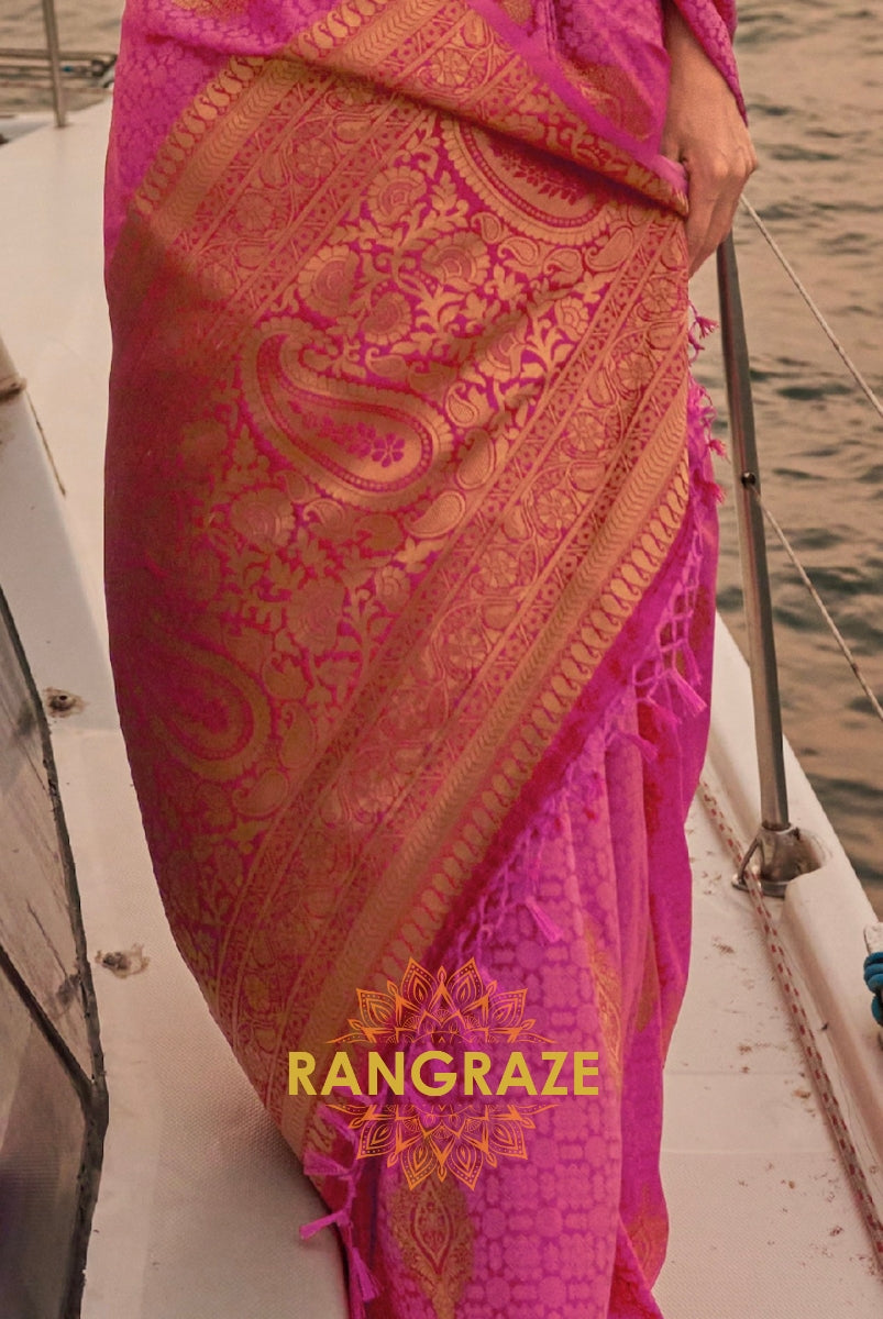 Elegant Maroon Pink Dual Tone Banarasi Satin Silk Saree