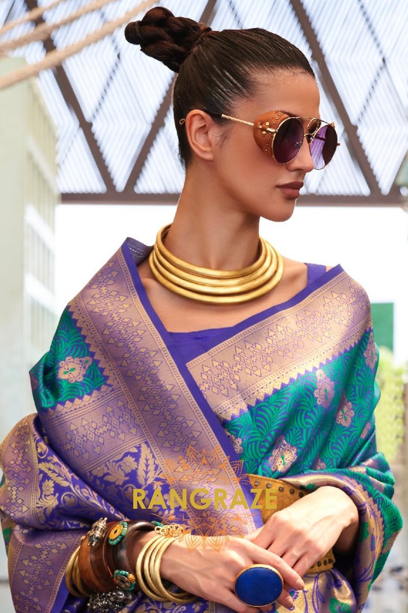 Contrasting Turquoise Blue Woven Banarasi Brocade Silk Saree