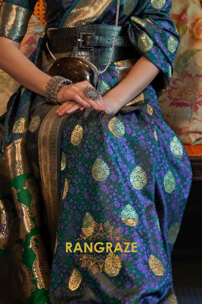 Divine Onyx Black Woven Banarasi Satin Silk Saree