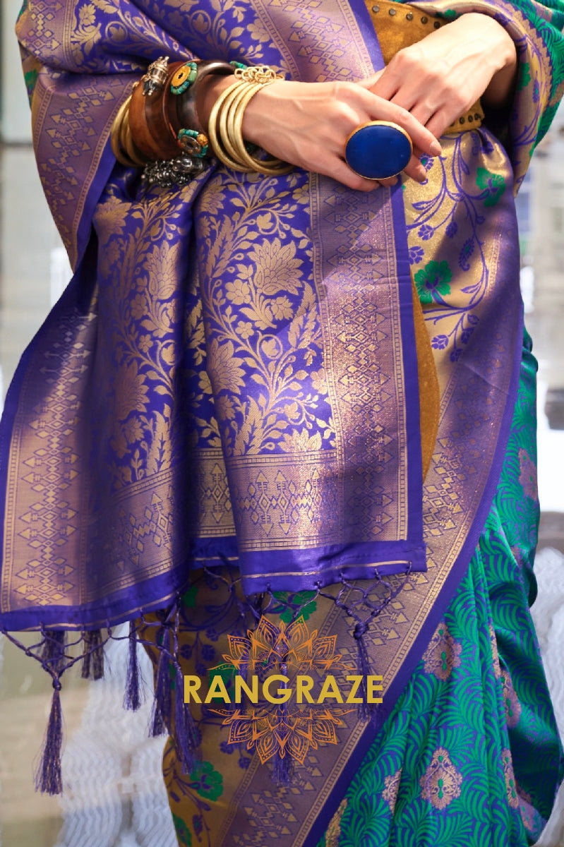 Contrasting Turquoise Blue Woven Banarasi Brocade Silk Saree