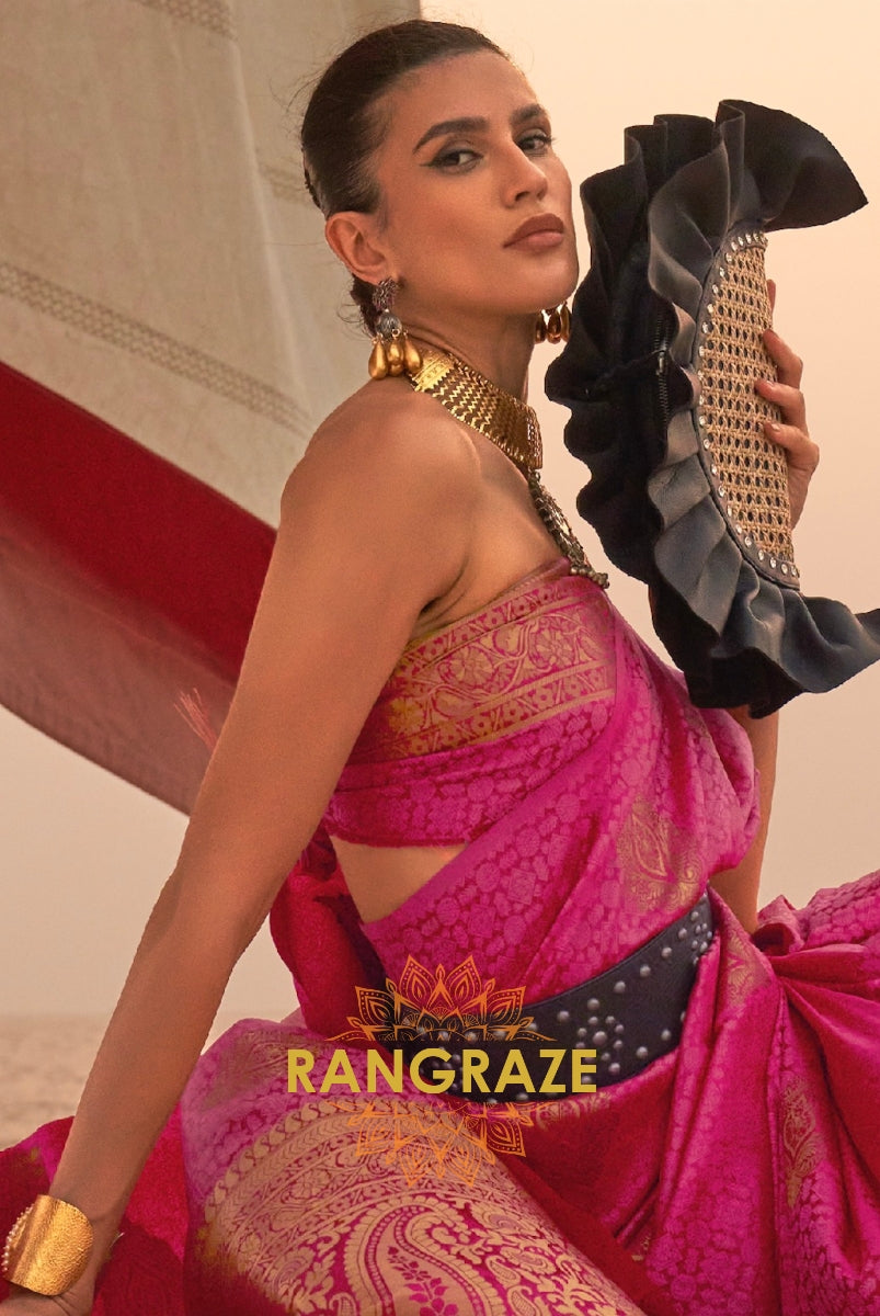 Elegant Maroon Pink Dual Tone Banarasi Satin Silk Saree