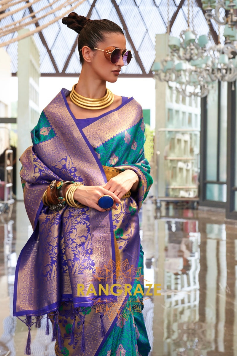 Contrasting Turquoise Blue Woven Banarasi Brocade Silk Saree