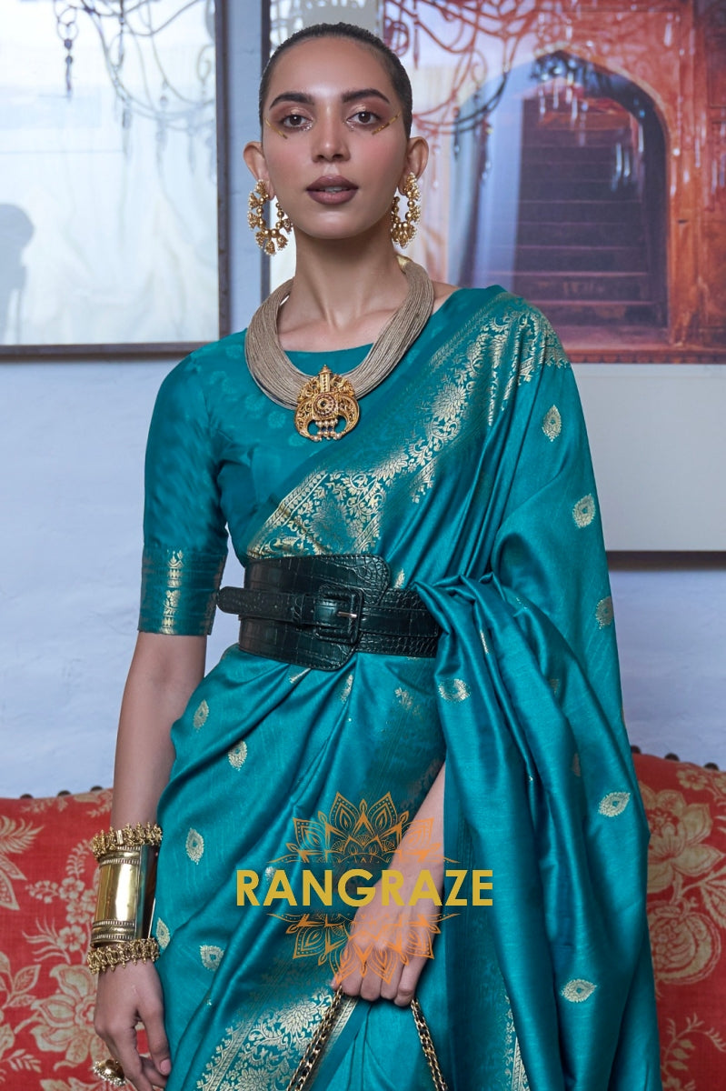 Imperial Turquoise Blue Moss Weave Handloom Weaving Banarasi Silk Saree