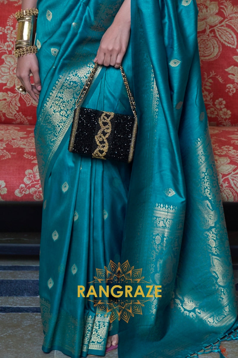 Imperial Turquoise Blue Moss Weave Handloom Weaving Banarasi Silk Saree