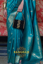Imperial Turquoise Blue Moss Weave Handloom Weaving Banarasi Silk Saree