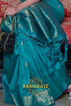 Imperial Turquoise Blue Moss Weave Handloom Weaving Banarasi Silk Saree