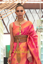 Contrasting Rani Pink Woven Banarasi Brocade Silk Saree