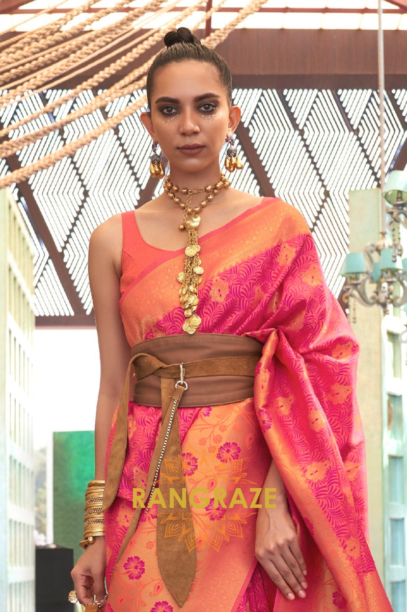 Contrasting Rani Pink Woven Banarasi Brocade Silk Saree
