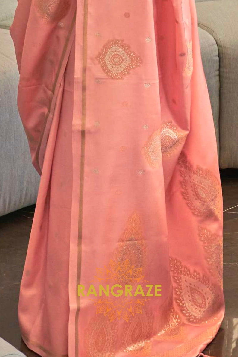 Crystal Peach Bronze Zari Woven Satin Silk Saree
