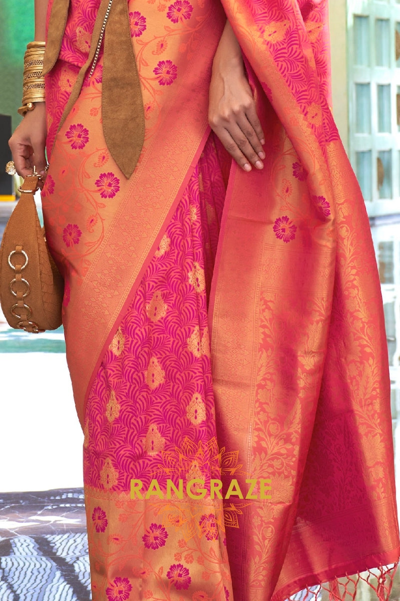 Contrasting Rani Pink Woven Banarasi Brocade Silk Saree