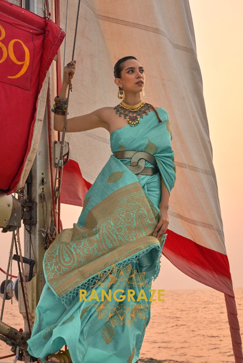 Elegant Turquoise Blue Dual Tone Banarasi Satin Silk Saree