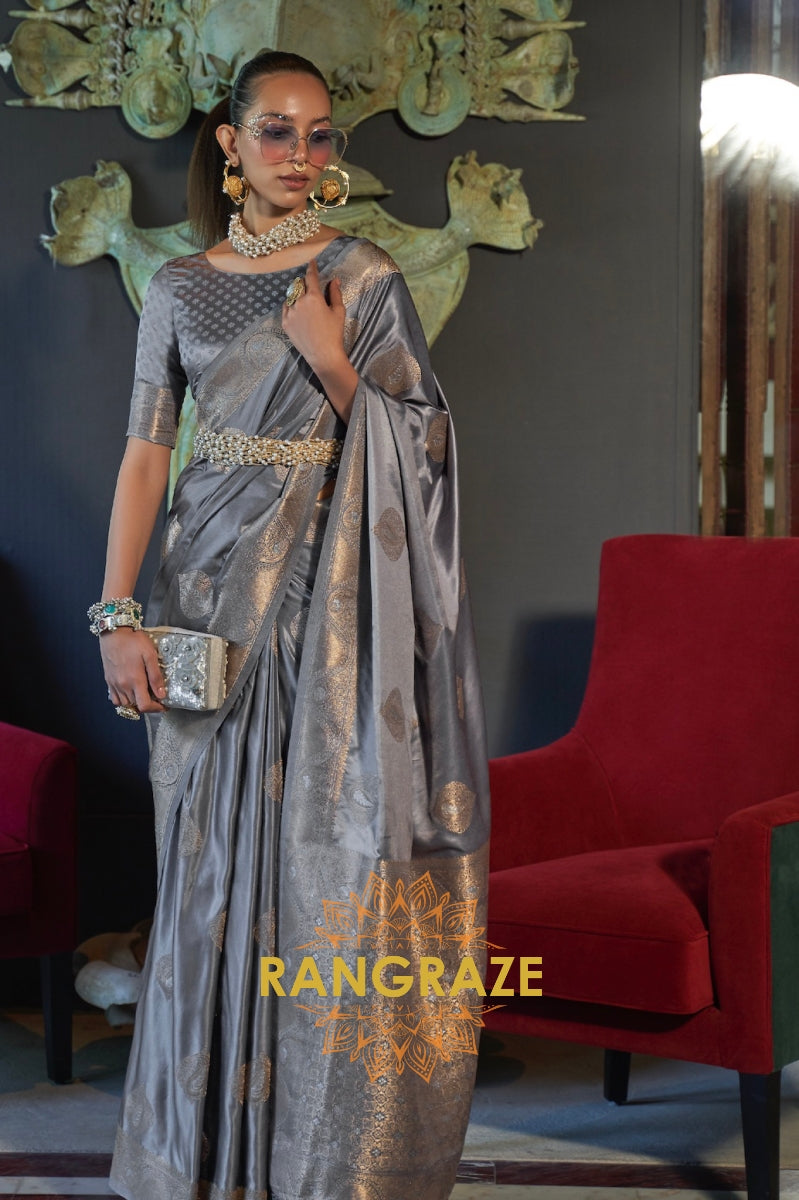 Roman Grey Banarasi Woven Satin Silk Saree