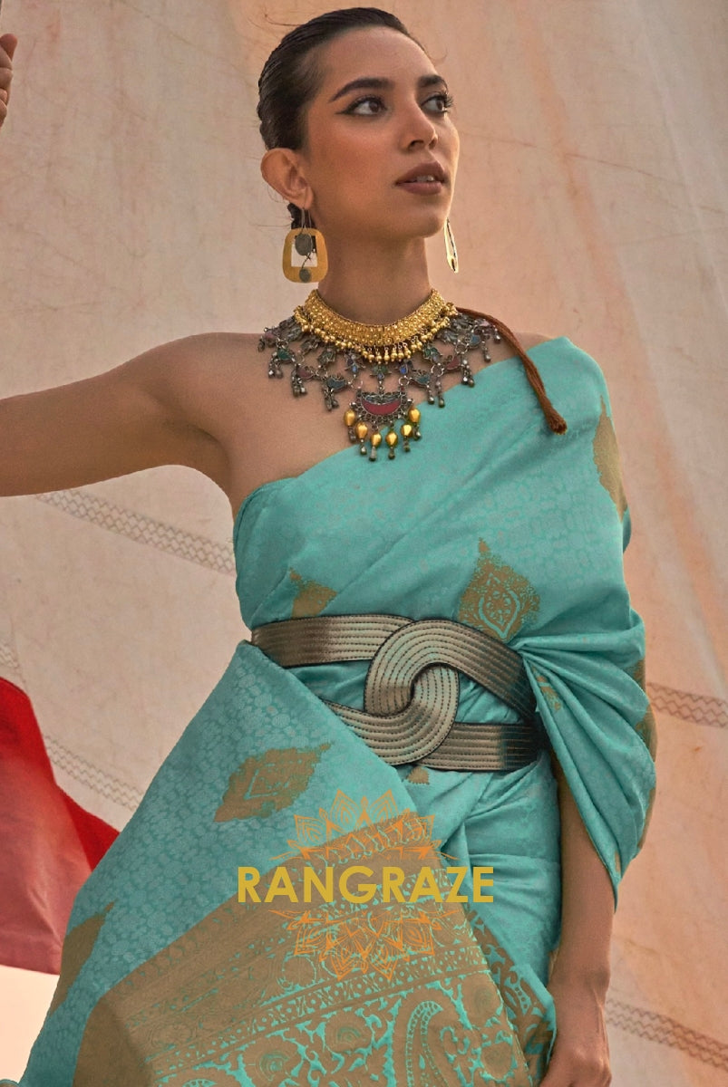 Elegant Turquoise Blue Dual Tone Banarasi Satin Silk Saree