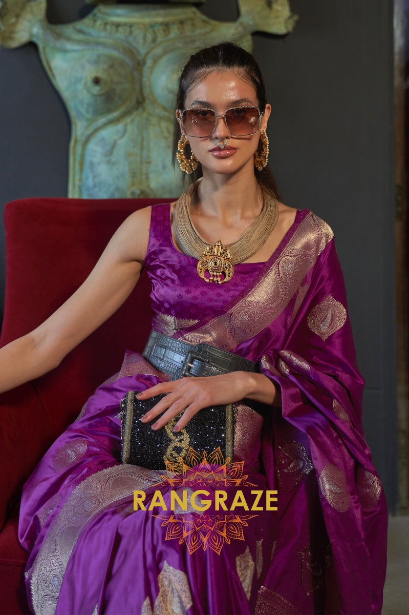 Roman Purple Banarasi Woven Satin Silk Saree