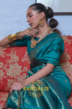Imperial Turquoise Blue Moss Weave Handloom Weaving Banarasi Silk Saree