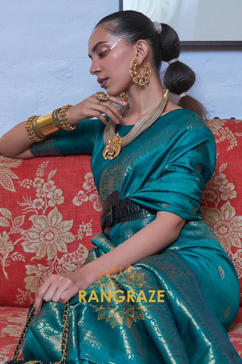 Imperial Turquoise Blue Moss Weave Handloom Weaving Banarasi Silk Saree