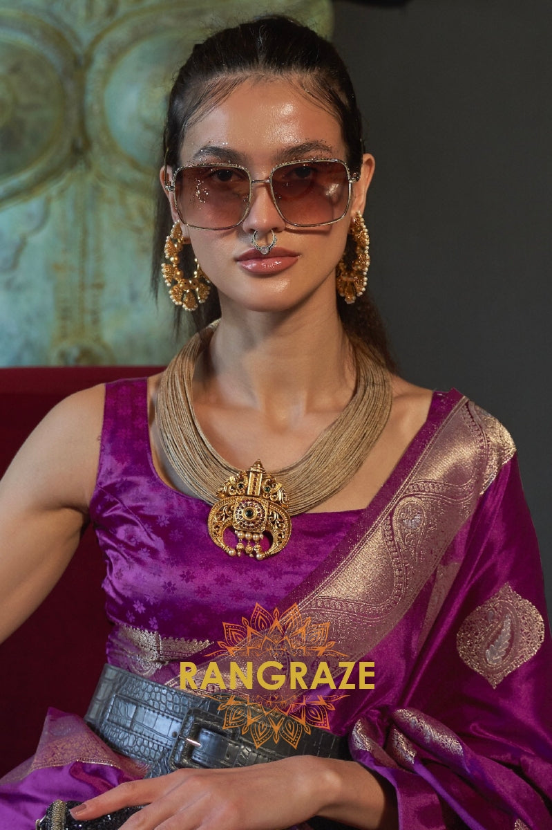 Roman Purple Banarasi Woven Satin Silk Saree