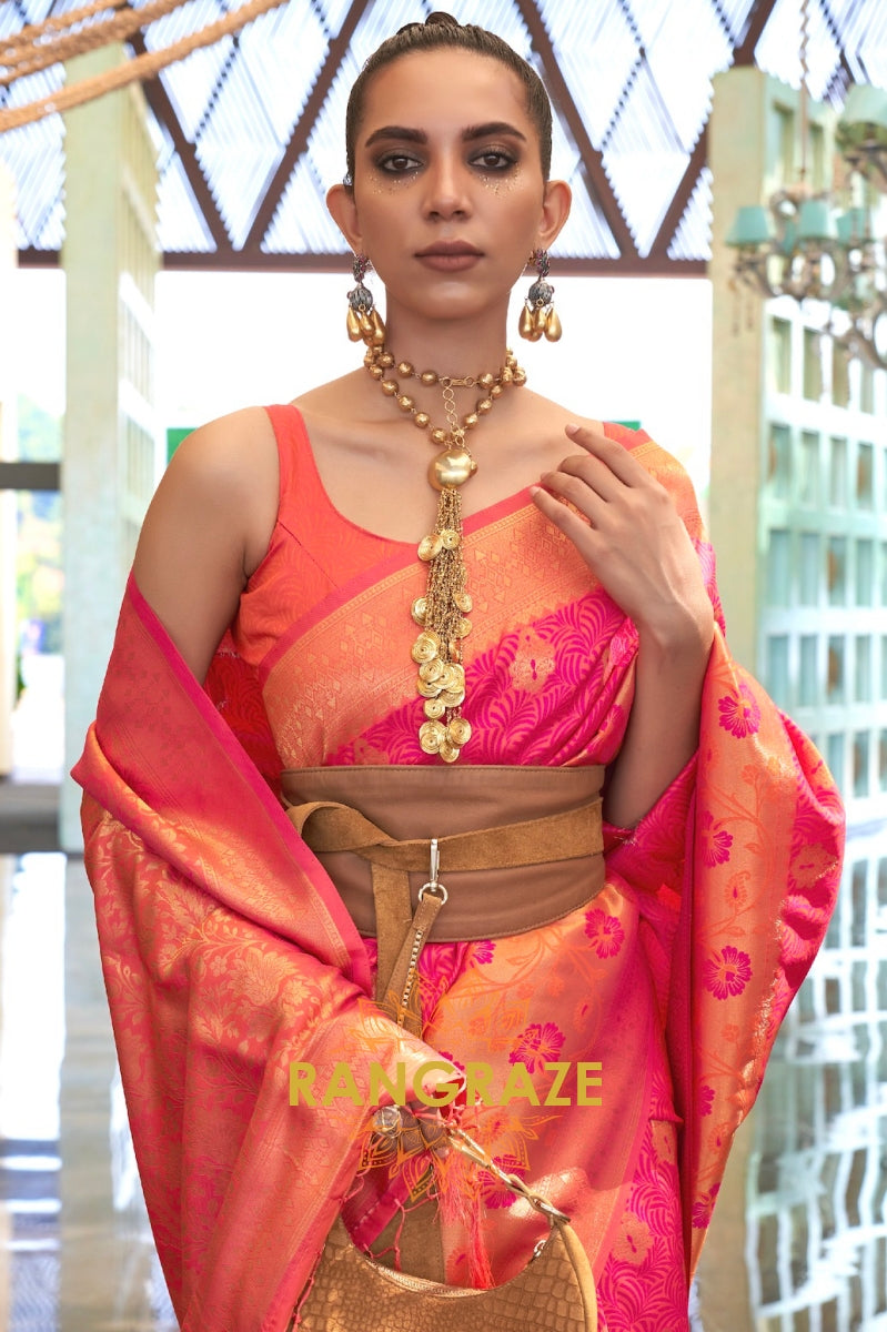Contrasting Rani Pink Woven Banarasi Brocade Silk Saree