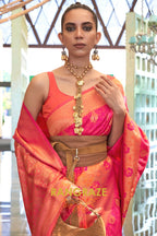 Contrasting Rani Pink Woven Banarasi Brocade Silk Saree
