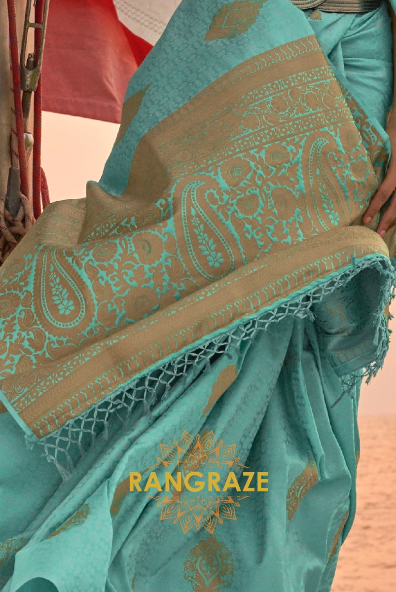 Elegant Turquoise Blue Dual Tone Banarasi Satin Silk Saree