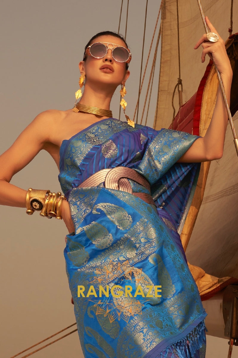 Coral Blue Dual Tone Banarasi Satin Silk Saree