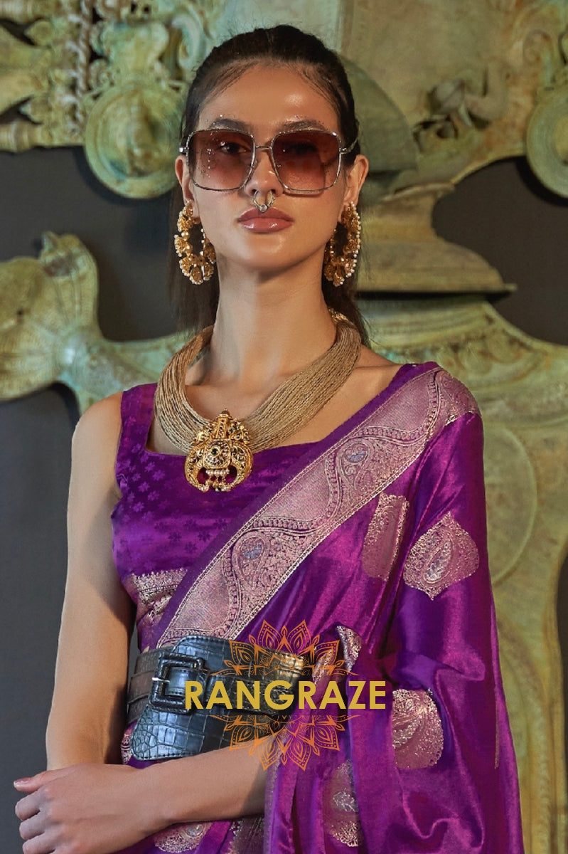 Roman Purple Banarasi Woven Satin Silk Saree