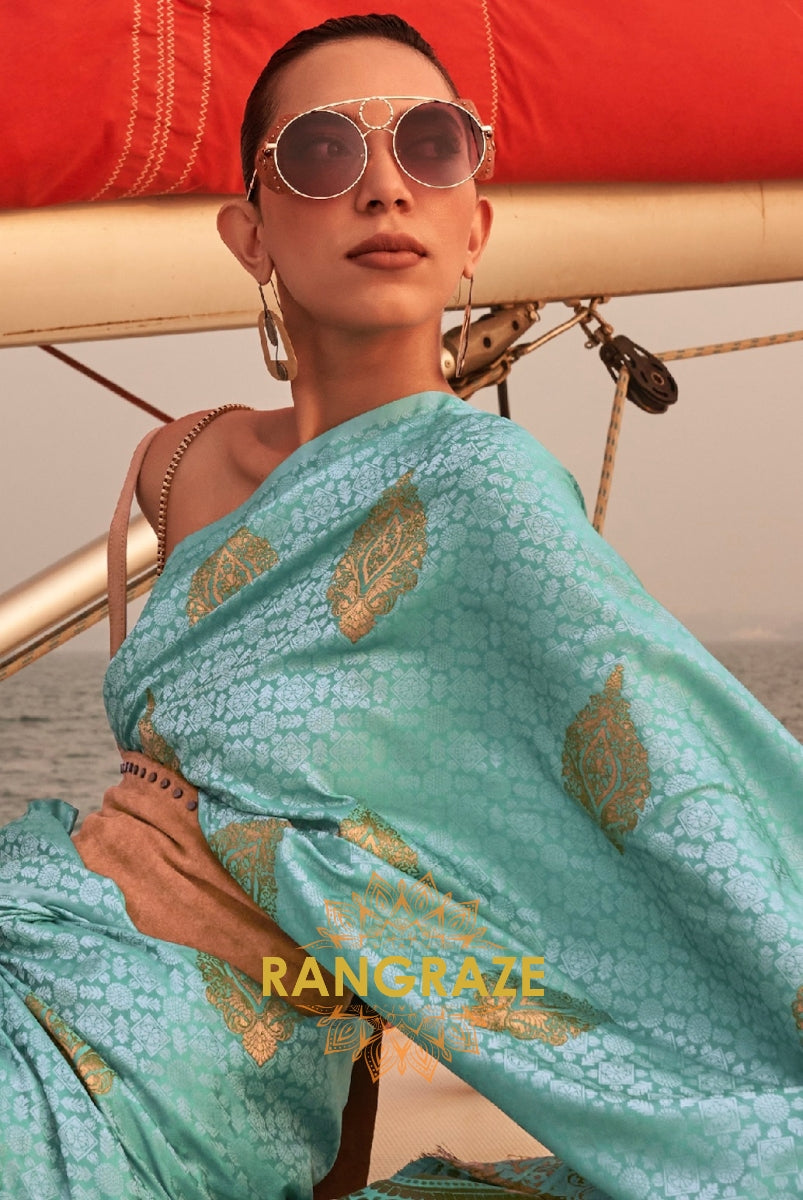 Elegant Turquoise Blue Dual Tone Banarasi Satin Silk Saree