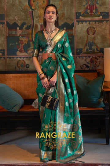 Divine Royal Green Woven Banarasi Satin Silk Saree