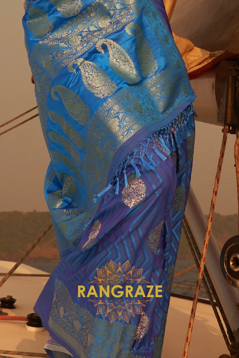 Coral Blue Dual Tone Banarasi Satin Silk Saree