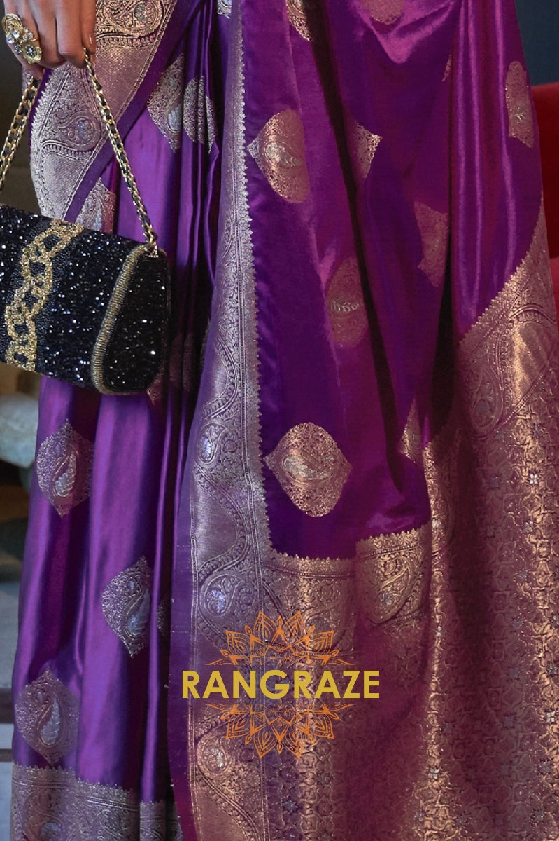 Roman Purple Banarasi Woven Satin Silk Saree