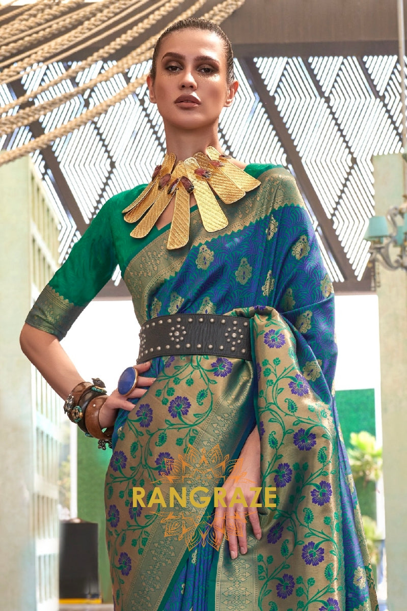 Contrasting Deep Green Woven Banarasi Brocade Silk Saree