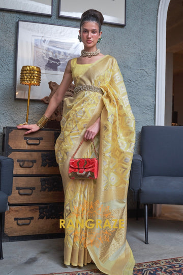 Sunny Yellow Woven Banarasi Linen Silk Saree