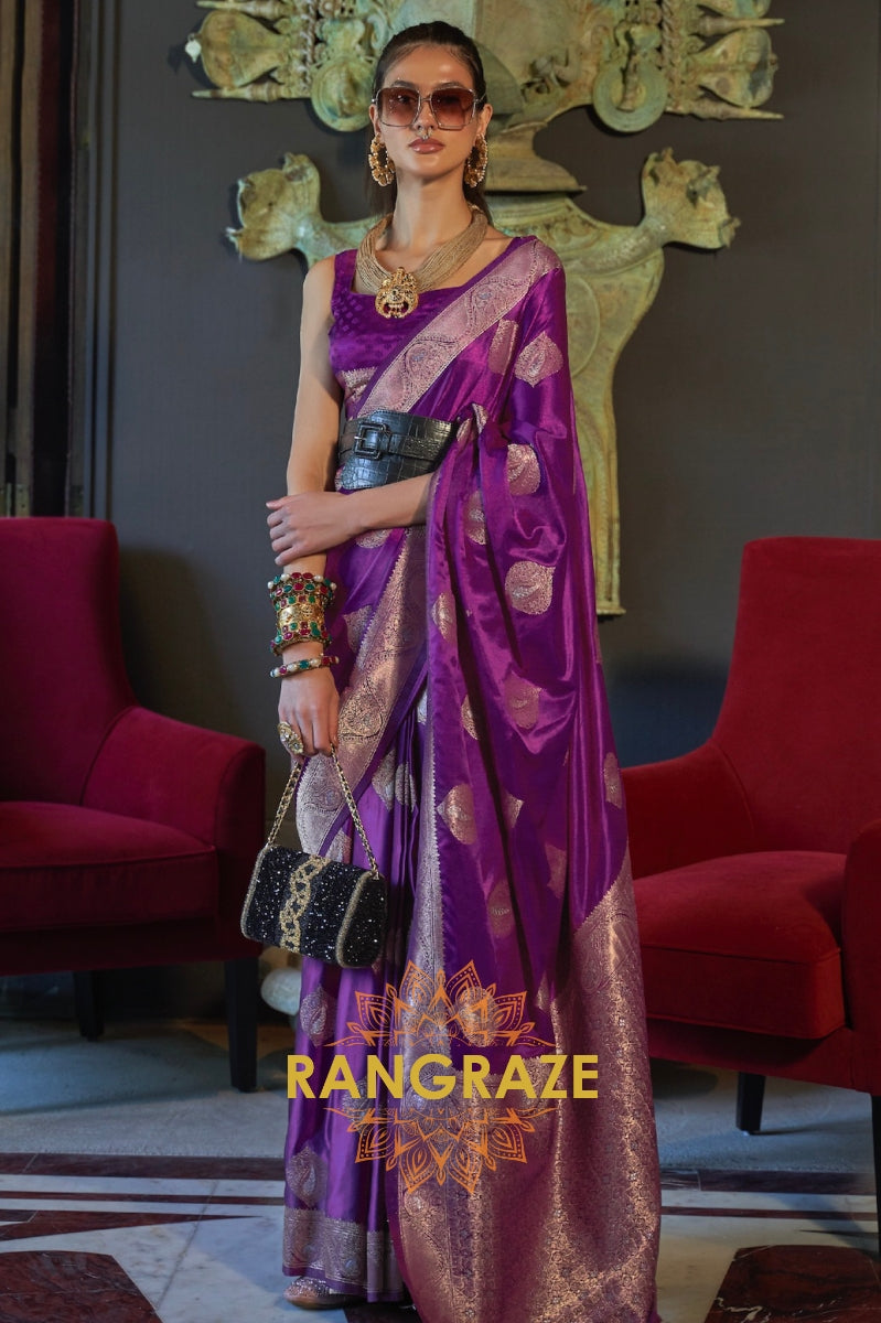 Roman Purple Banarasi Woven Satin Silk Saree