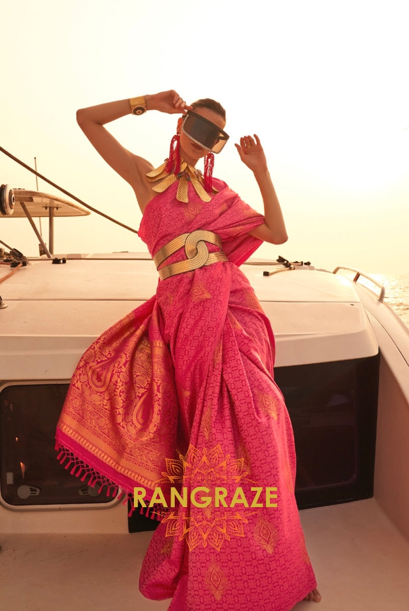 Elegant Rani Pink Dual Tone Banarasi Satin Silk Saree