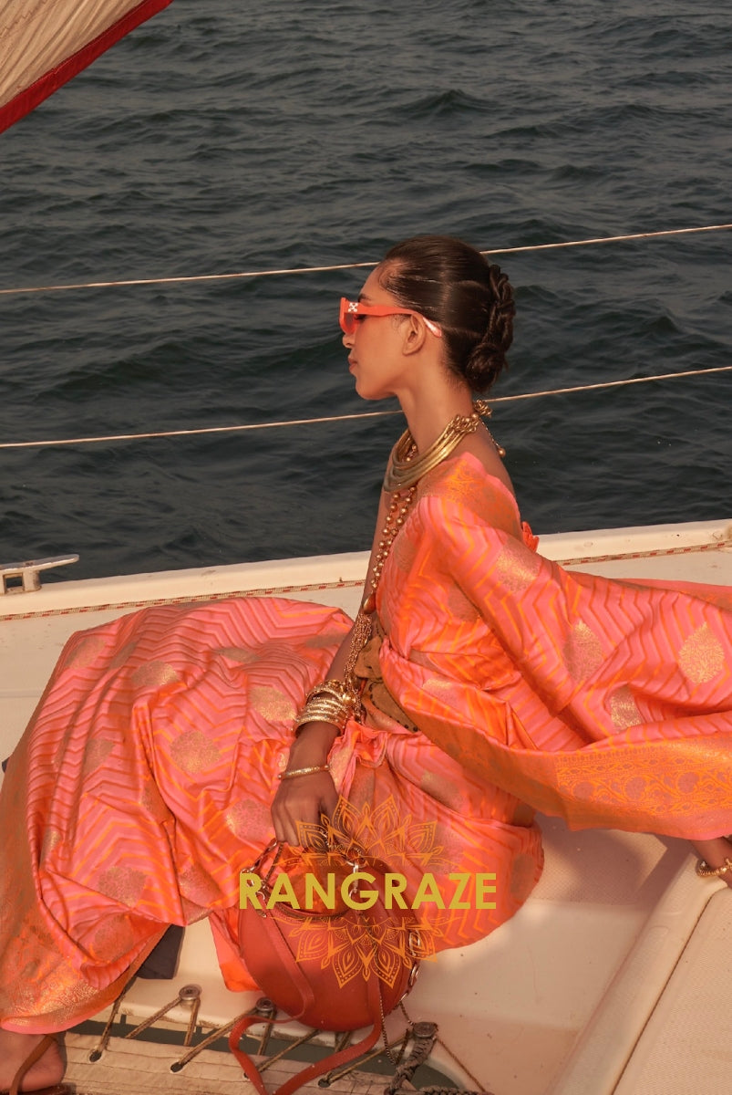 Coral Peach Dual Tone Banarasi Satin Silk Saree