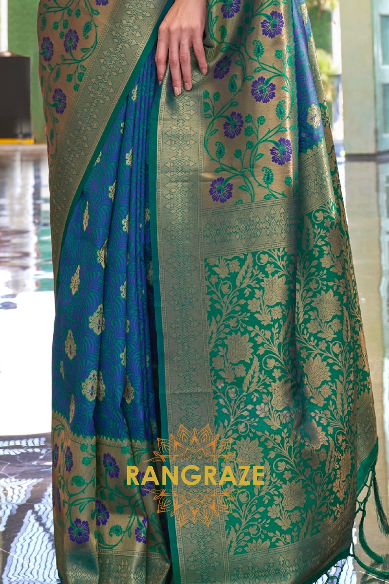 Contrasting Deep Green Woven Banarasi Brocade Silk Saree