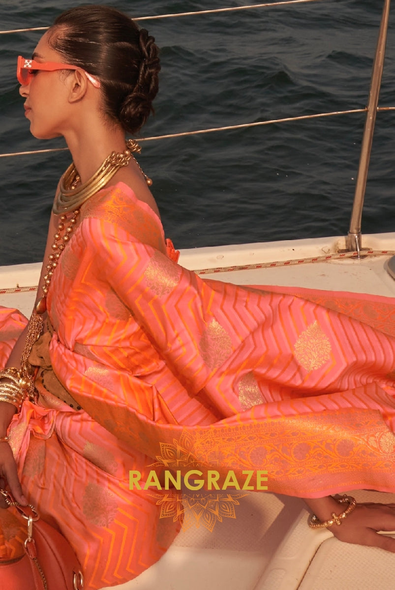 Coral Peach Dual Tone Banarasi Satin Silk Saree