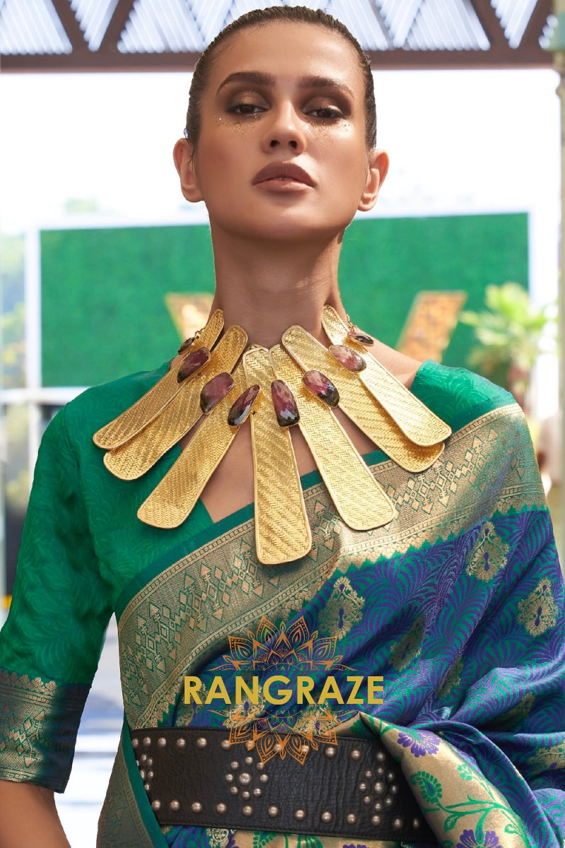 Contrasting Deep Green Woven Banarasi Brocade Silk Saree