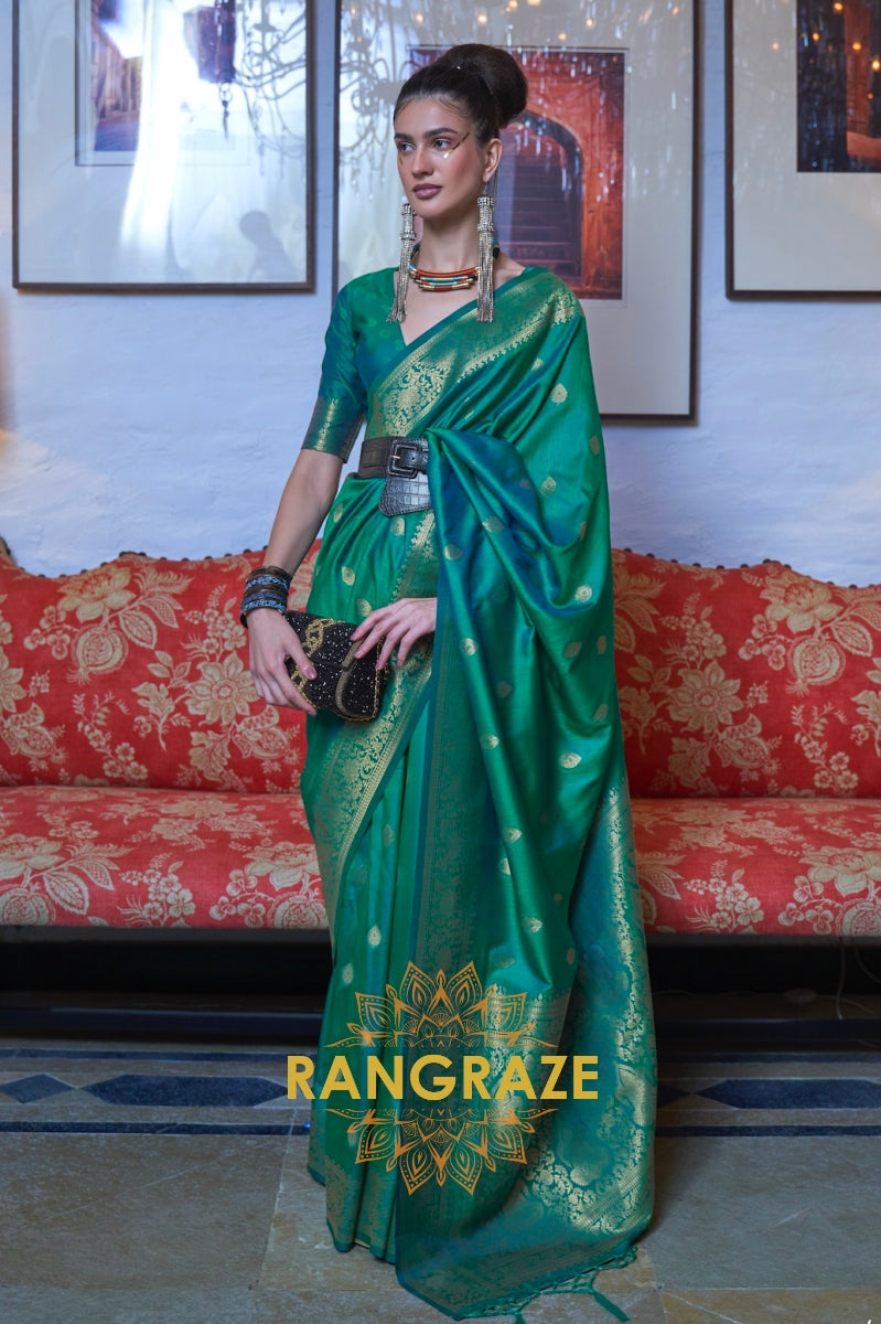 Imperial Green Moss Weave Handloom Weaving Banarasi Silk Saree